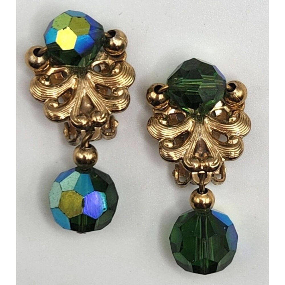 Vintage Napier Pat. Pending AB Green Faceted Beads Etched Gold Tone Clip Earring